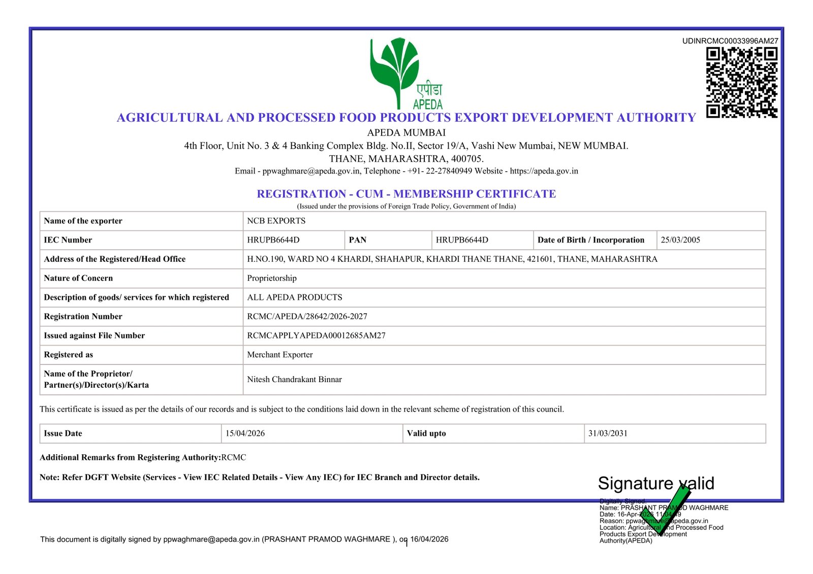 APEDA Certificate